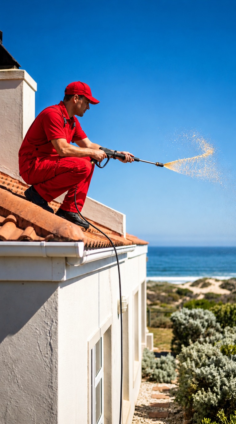 Maintenance Miracles technician in red uniform pressure-washing a roof above the Atlantic