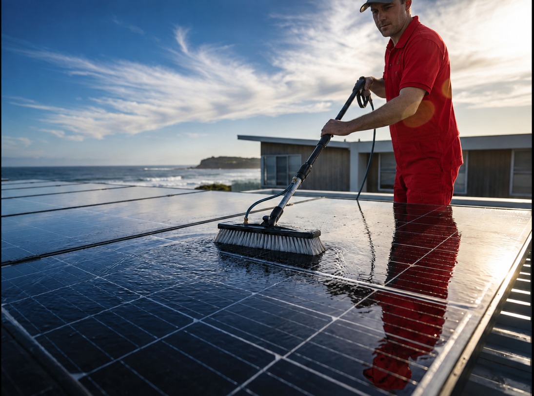 Technician in red uniform washing rooftop solar panels